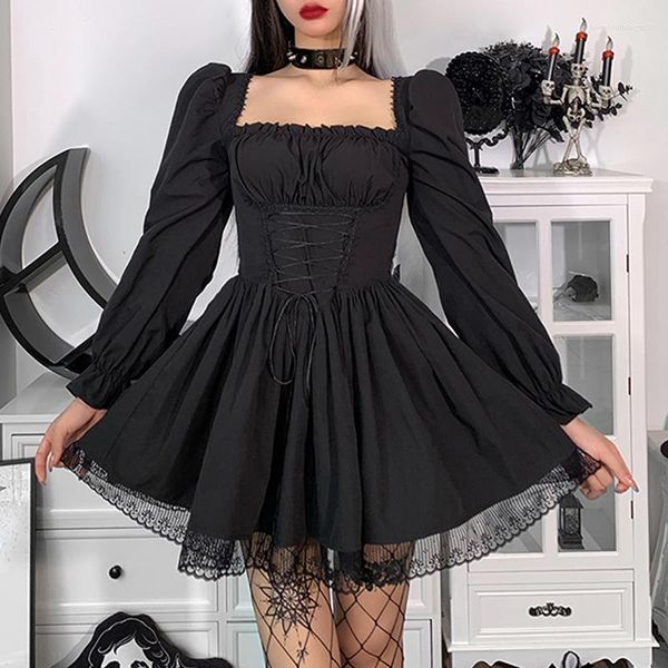 Vestidos casuales Vestido negro Lolita Goth Estética Puff Manga Cintura alta Vendaje vintage Ajuste de encaje Fiesta Ropa gótica Mujer