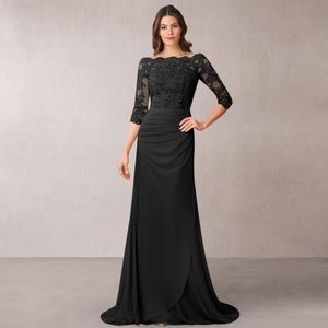 Casual jurken zwarte zeemeermin moeder van de bruid 34 mouwen batall nek bruiloft feestjurken kanten applices vestido de fiesta boda 230221