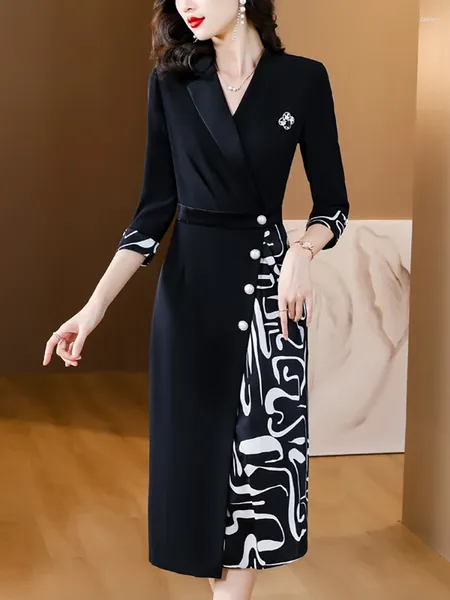 Vestidos informales Negro Patcowrk Estampado elegante Vestido formal para damas Outumn Winter manga larga Bodycon Prom 2023 Corea Vintage Hepburn Ross