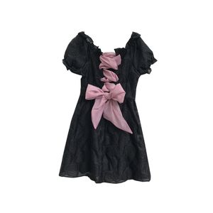 Casual jurken Zwart roze veter bowtie Sweet Girls jurk vrouwelijke gegolfde kraag vrouwen sexy dame mini vestido hoge taille s-xl