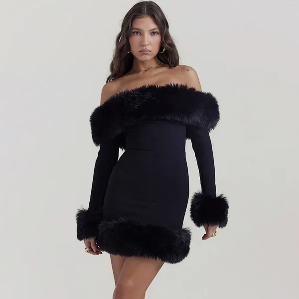 Robes décontractées Noir En Peluche À Manches Longues Slash Cou Pour Les Femmes Automne Hiver Patchwork Fourrure Dos Nu Sexy Wrap Fesses Robe Y4837