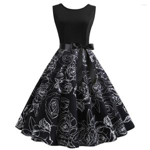 Vestidos Casuais Estampado Preto Elegante Festa Verão Feminino Anos 50 Anos 60 Retro Vintage Robe Rockabilly Vestido Praia Midi Vestidos