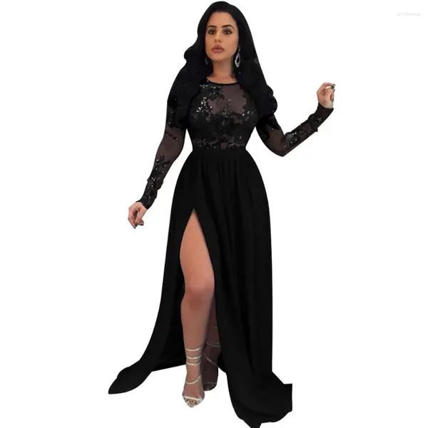 Robes décontractées noires sexy paillettes arrière sans lacet robe divisée au sol en dentelle longue pour les femmes mariage