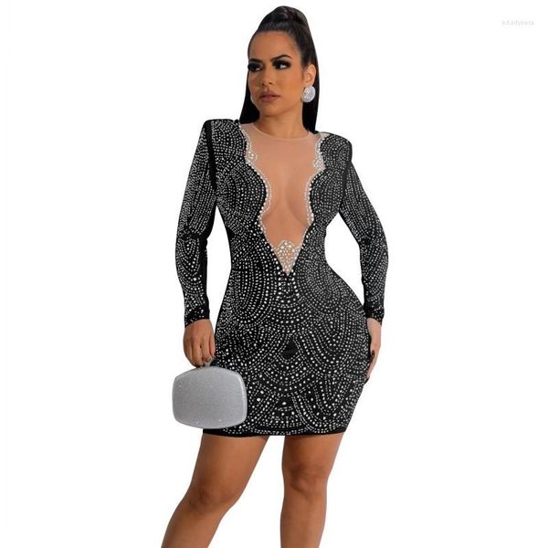 Robes décontractées noir Sexy maille diamant col en V à manches longues robe de soirée femmes discothèque mode couleur unie élastique serré court