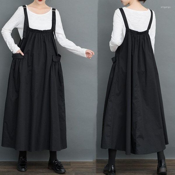 Robes décontractées robe à bretelles noires 2023 automne tout match grande taille pli couture mi-longue sans manches ensemble K1293