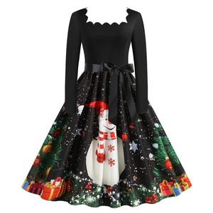 Casual Jurken Zwarte Swing Retro Kerstjurk Sneeuwpop Print Vintage Vrouwen Winter Robe Lange Mouwen Sexy Jaar Partij Plus Size Bow