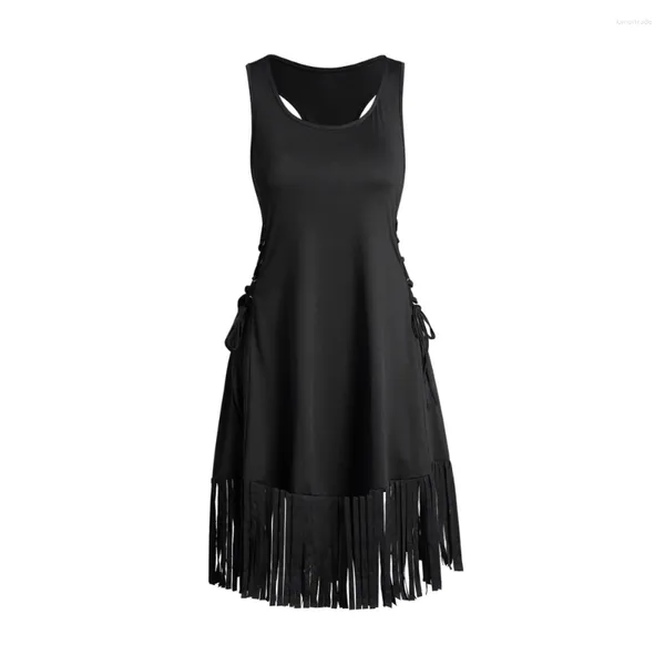 Vestidos informales Vestido sin mangas negro para mujer Mini bata sin mangas con cordones y borlas Color liso Racer Back Mini Robe