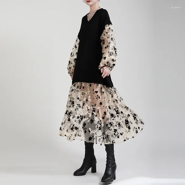 Robes décontractées Tulle noir Patchwork fleur imprimé robe femmes printemps col en v manches longues en vrac style français élégant robe simple