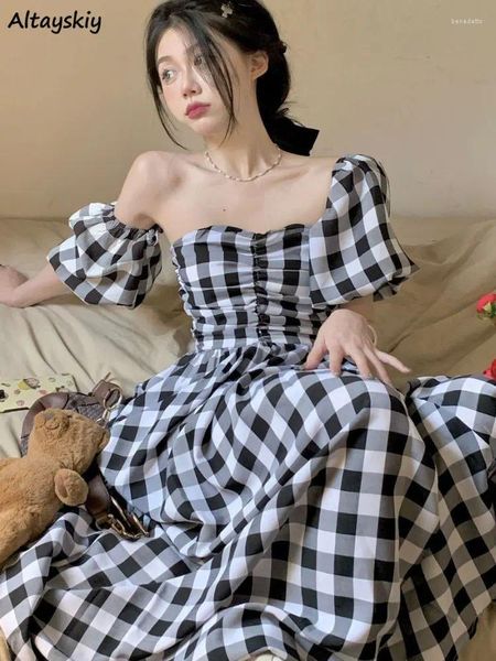 Robes décontractées Noir-Blanc Plaid Femmes Manches bouffantes Style Preppy Tempérament Conception froncée Ulzzang Slash Cou Quotidien Harajuku Ins