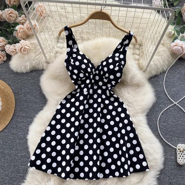 Robes décontractées Noir Blanc Polka Dot Robe à fines bretelles Femme Coréenne Fille Mode Douce Col V Dos Nu Sans Manches A-ligne