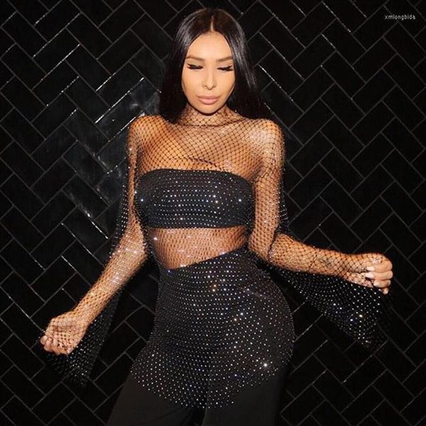 Vestidos casuales Negro Blanco Brillante Rhinestones Lentejuelas Fishnet Mujeres Mini Vestido Sexy Manga larga Malla Ahueca hacia fuera Fiesta transparente CL307J