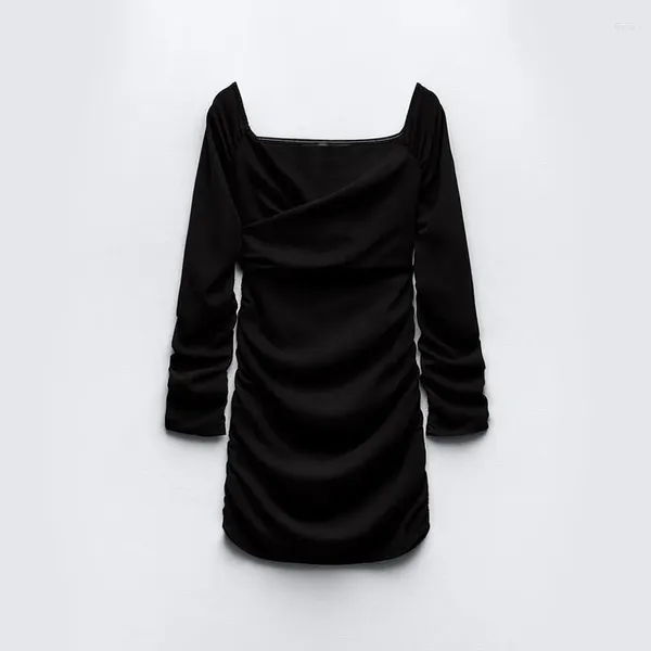 Vestidos casuales Black Women Sexy Mini Vestido ajustado Mujeres Elegantes Pliegues Manga larga Cuello en V Estilo simple 2024 Moda