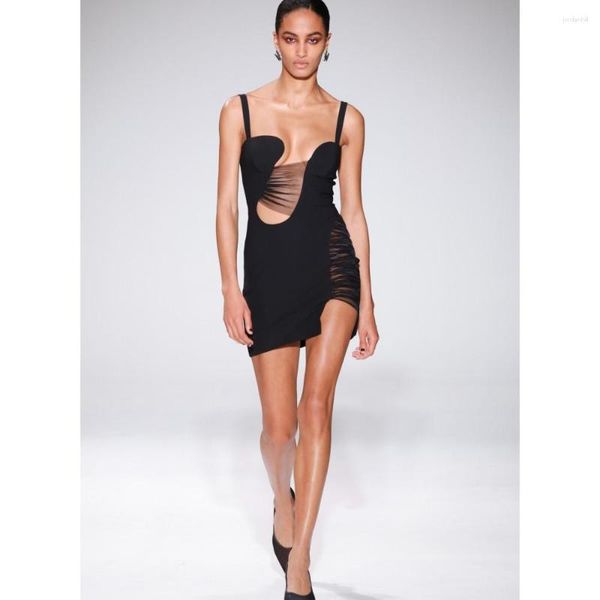 Robes décontractées Black Femme's Sans manches sexy bodycon mini robe élégante rayonne Camisole Mesh Sheer Celebrity Party