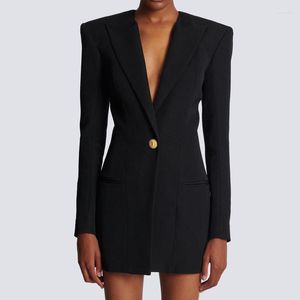 Casual Jurken Blazer Runway 23SS Mode Wol Balck Office Single Button Taille Diepe V-hals Jurk Temperament Lange Mouw Tas Hippe Kleding