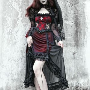 Robes décontractées d'approvisionnement en sang original vampire gothique gothique noir rouge cordon asymétrique robe halloween mangeur de dentelle sombre