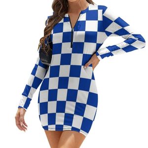 Casual jurken blauw en witte dambordjurk met lange mouwen vintage checker print esthetische zomer sexy bodycon vrouwelijk patroon o