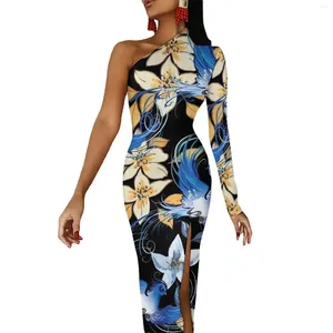 Casual jurken blauwe vogel maxi jurk een schouderbloemen print feest bodycon zomer schattig vrouwelijk patroonkleding