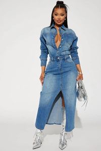 Casual jurken Blue Denim Maxi Dress Sexy Women Turn Down Collar Elegant Jeans Split