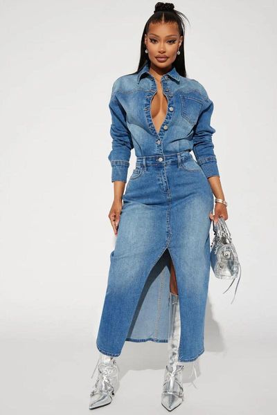 Robes décontractées denim bleu robe maxi femme sexy baisse le col jean élégant divisé