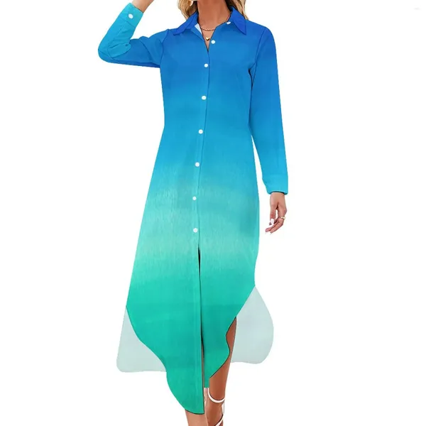 Robes décontractées Bleu Vert Robe en mousseline de soie Aquarelle Néon Océan Mignon Femme Manches longues Style de rue Col V surdimensionné