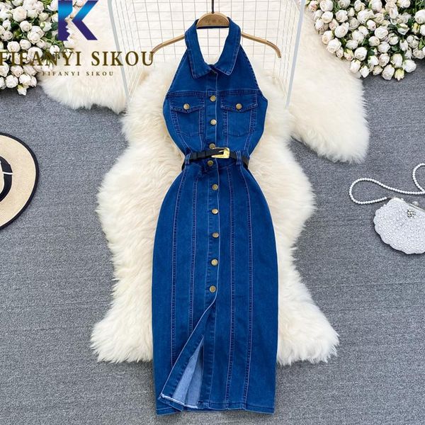 Robes décontractées bleu jean robe femmes sans manches simple boutonnage revers Denim mi-long Sexy dos nu mince mode été femme