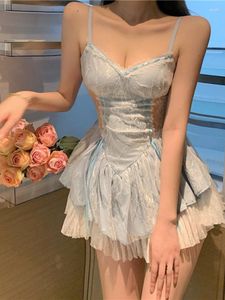 Casual Jurken Blauw Kawaii Lolita Party Mini Jurk Vrouw Backless Koreaanse Zoete Band Vrouwelijke Lace-up Frankrijk Vintage Zomer 2023