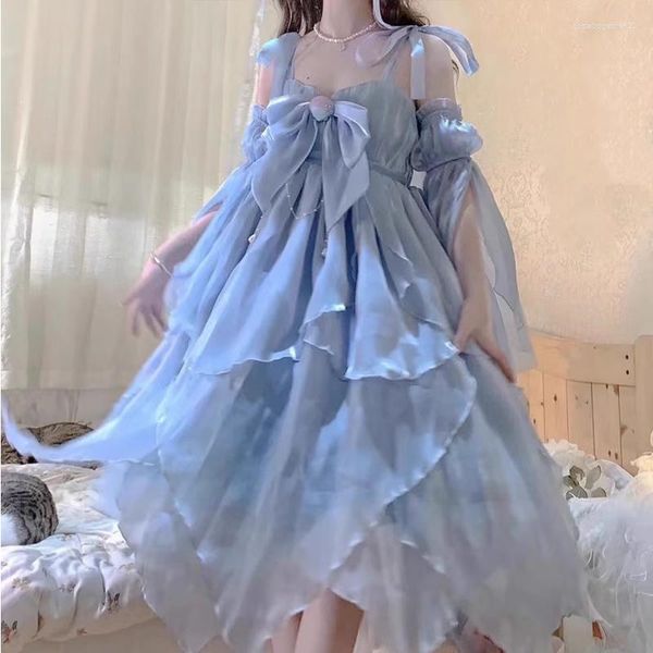 Robes décontractées Blue Lolita Sweet Belle Fée Halloween Carnaval Costume Costume Princesse Robe 2023 Été Bowtie Fluffy Strap Robes