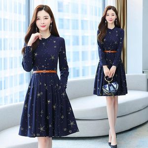 Casual Jurken Blue Midi Chiffon Dames Print Jurk met Riem Herfst Spring Runway 2021 Y2K Korean Fairy Lange mouw Vintage Elegant Party