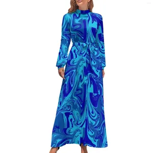 Casual jurken blauwe neon verf jurk hoge nek abstracte vloeistof aangepaste bohemia lange mouw stijlvolle maxi schattige vestidos