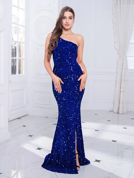 Vestidos informales azules de la noche de un hombro Velvet Velvet Secano sin mangas dividida Abierta Mermaid Longitud del piso Mujeres 2024