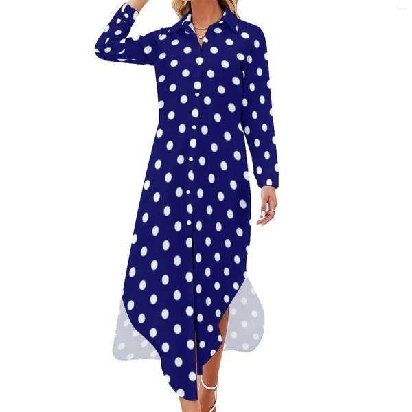Robes décontractées Blue Polka Dots Robe en mousseline de mousseline vintage Dot Femmes à manches longues Élégante V Neck Custom surdimensionné