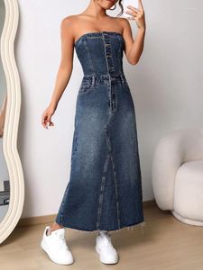 Casual Jurken Blauwe Strapless Denim Jurk Vrouwen Sexy Backless Bodycon Lange Mode Knop Mouwloze Avondfeestjurken 2024 Zomer