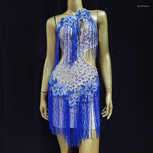 Robes décontractées Bleu Glands Strass Robe Dos Nu Femmes Danseur Prom Performance Outfit Anniversaire Célébrer Costume Sans Manches
