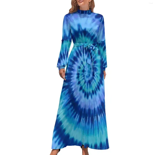 Vestidos casuales Azul Tie Dye Vestido Espiral Remolino Impresión Street Style Beach Femenino Manga larga Cintura alta Sexy Largo Maxi