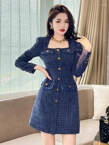 Robes décontractées Femmes bleues élégante robe courte femme rétro tweed soie brillante simple boutonnage à manches longues dames bureau fête robes