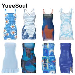 Robes décontractées Bleu femmes mini robe Y2K Vintage doux décontracté quotidien taille haute robes d'été femme haute rue robes de soirée sexy 230420