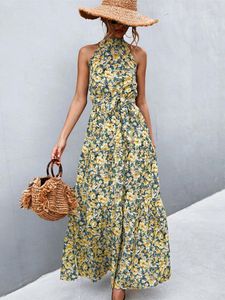 Casual Jurken Bohemen Bloemenprint Mouwloze Maxi-jurk Voor Dames Elegant Halter Sjerpen Ruches Feest 2024 Zomer Vakantie Vintage