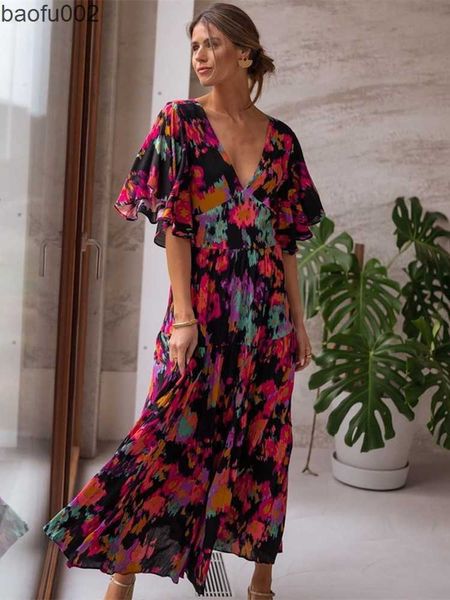 Robes décontractées Bohême imprimé manches papillon Vintage Maxi robe pour femmes décontracté col en V dos nu robe d'été femme plage vacances robe de fête W0315