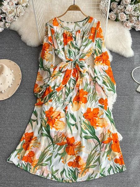 Robes décontractées Bohème Automne Vintage Floral Pour Femmes Fête À Manches Longues Col En V Mince Mi-longueur A-ligne Robe En Mousseline De Soie Imprimée