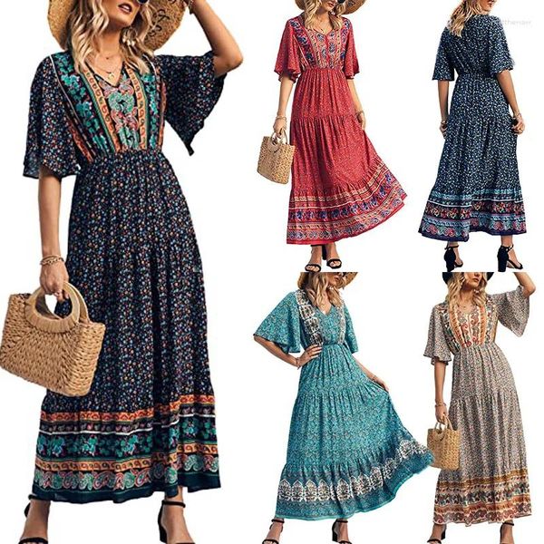 Casual Kleider Bohemian Strandkleid Frauen Sommer Kurzarm Floral Maxi Lange Boho Kleidung Robe Weiblich