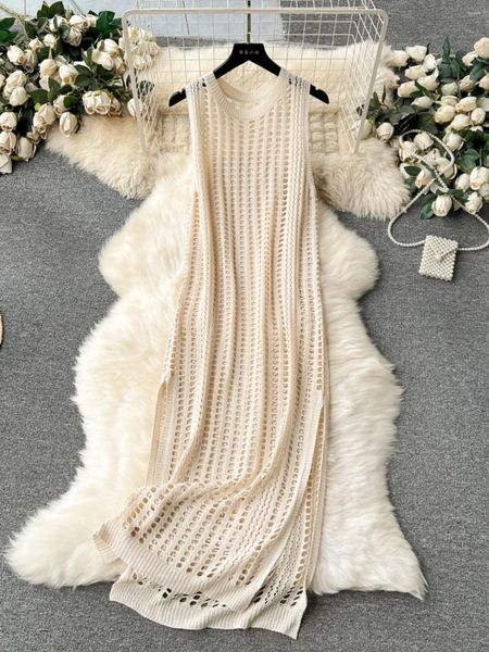Robes décontractées Bohemian Beach Style Robe d'été Femmes Crochet Creux Out Femme Spaghetti Sangle Sans manches Robes Mujer Drop