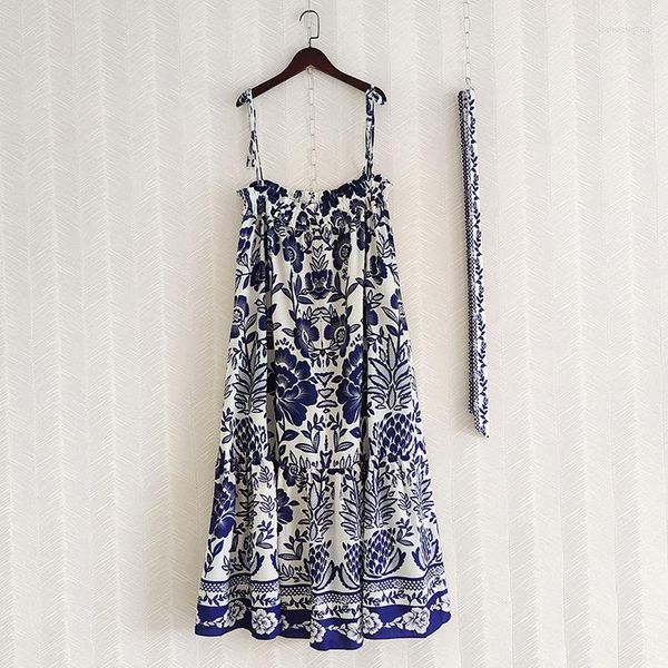 Vestidos casuales Bohemio Azul Blanco Flor Impreso Mujeres Volantes Pecho Cinturón Fajas Camisola Señora Vestido largo Ropa