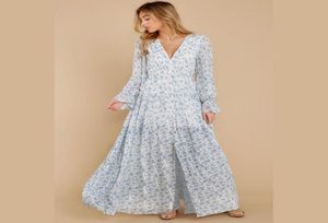 Robes décontractées Bohème mousseline de soie robe florale mode sexy col en V profond manches longues maxi femme bleu boho chemise plage plus taille jupe8574642
