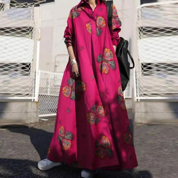 Robes décontractées Robe bohème imprimé floral style ethnique maxi pour les femmes avec col rabattu manches longues plus taille a-ligne longueur de la cheville