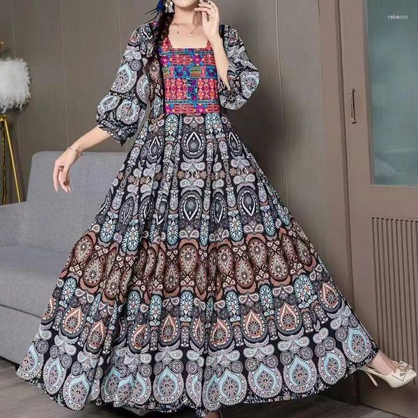 Vestidos casuales Vestido bohemio con cuello cuadrado Bordado industrial pesado Mangas de linterna impresas sueltas Cintura Estilo étnico ceñido