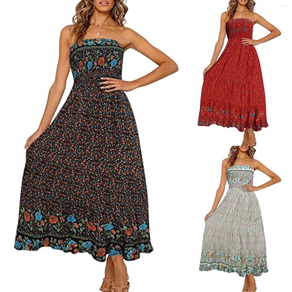 Robes décontractées bohème ethnique robe boho imprimé floral imprimé sans épaule femme long plage d'été féminine sans dos