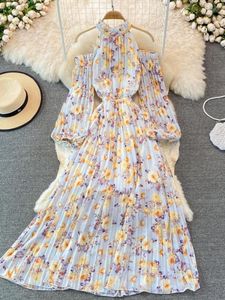 Casual jurken Boheemian Halter Off Schouder Bloemenjurk vrouwen herfst mode slanke boho robe puff lange mouw plooi elegante chiffon