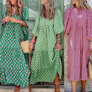 Robes décontractées Bohemian Lantern Sleeve Long Robe avec grand ourlet imprimé pour le commerce extérieur Amazon Vêtements pour femmes