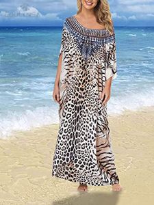 Robes Décontractées Bohème Imprimé Léopard Caftan Tunique Robe De Plage Femmes D'été Beachwear Plus La Taille Demi Manches Slash Cou Long Q1205Casual