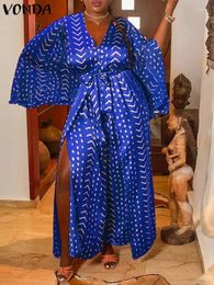 Robes décontractées Bohemian Maxi Robe VONDA 2024 Femmes surdimensionnées Satin V Cou Imprimé Manches longues Robes de vacances Ceinture Split Hem Rétro